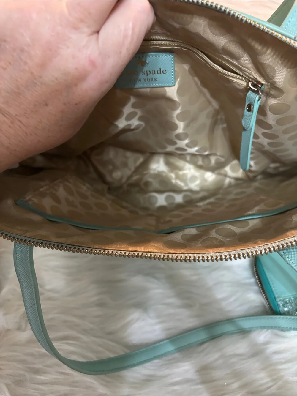 kate spade mint green tote with glitter trim and matching wallet